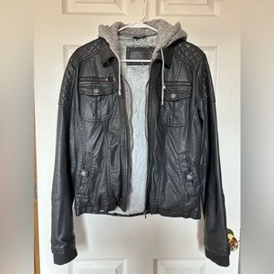 YMI Faux Leather Jacket Heather Grey Hooded Sweatshirt Lined Faux Fur Inside